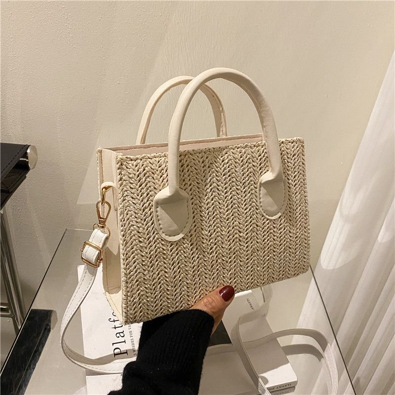 Women Simple Fashionable Straw Woven Large Capacity Square Handle Shoulder Bag
