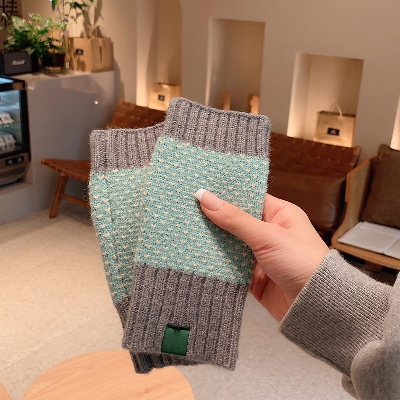 Women Fashion Christmas Snowflake Stripe Warm Knitted Half Finger Gloves