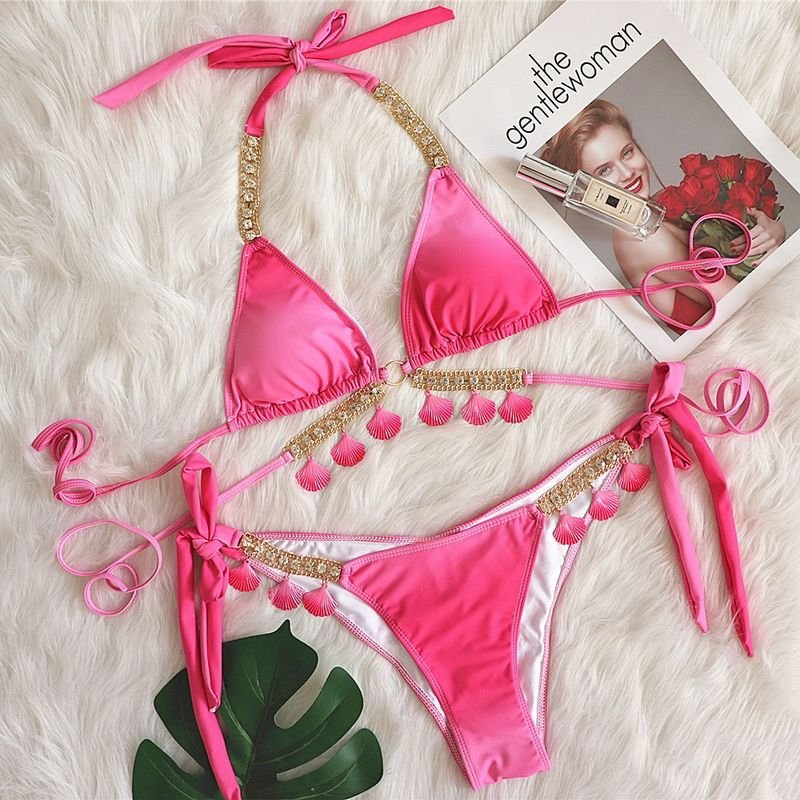 Women Sexy Strap Gradient Print Shell Tassel Bikini