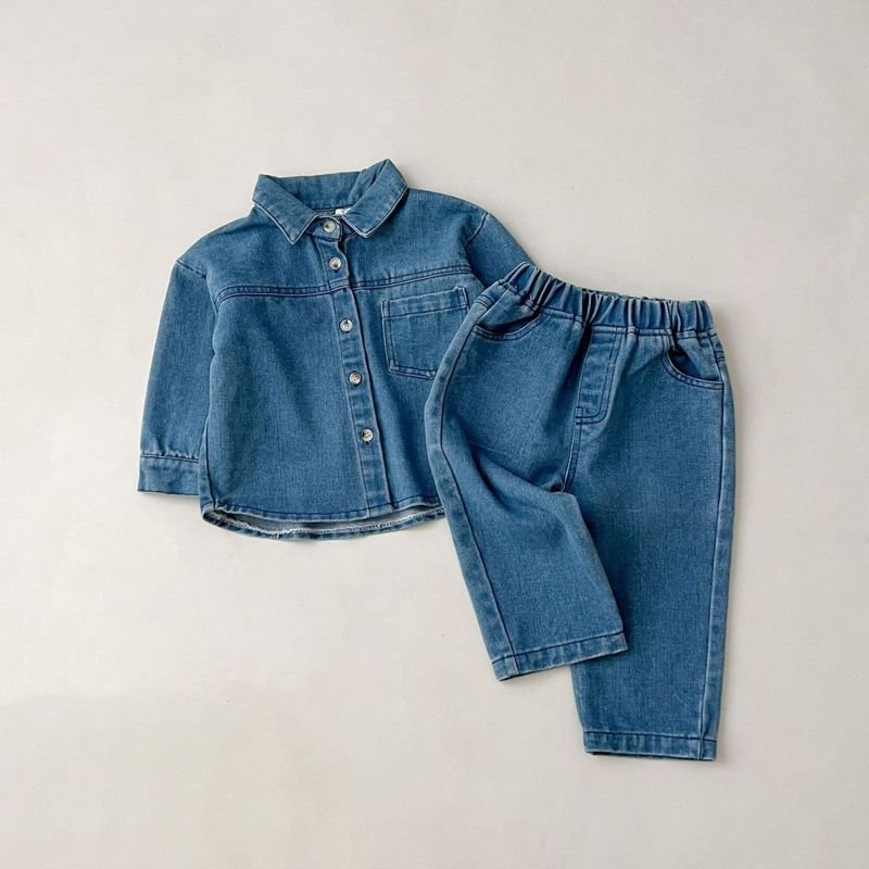 Girl'S Fashion Solid Color Denim Two-Piece Set