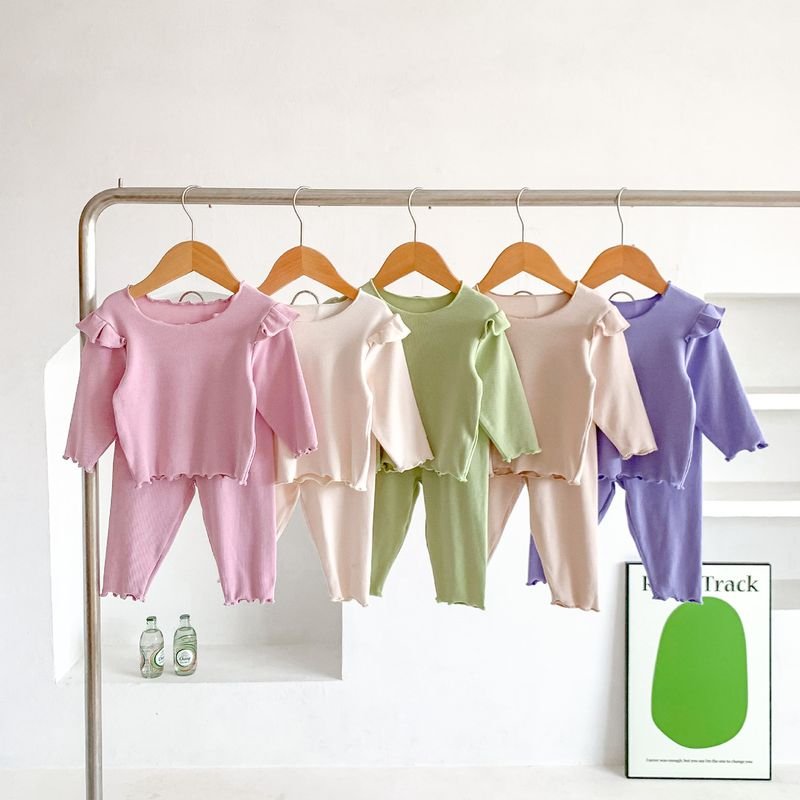 Kids Baby Girls Casual Cute Solid Color Rib-Knit Long Sleeve Top Trousers Sets