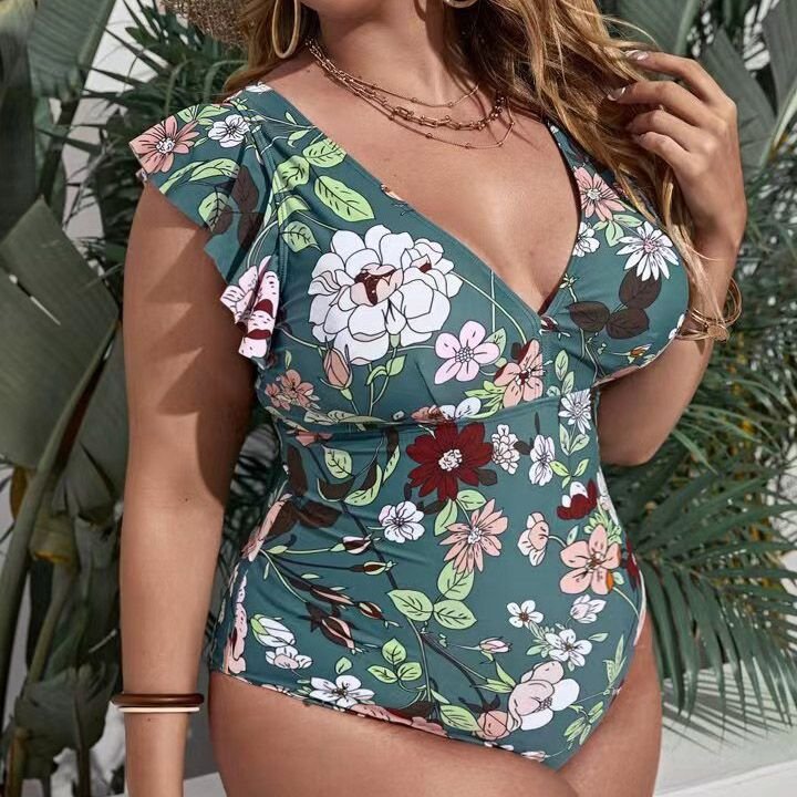 Women Fashion Sexy Plus Size Deep V Floral Printed Backless One-Piece Swimsuit