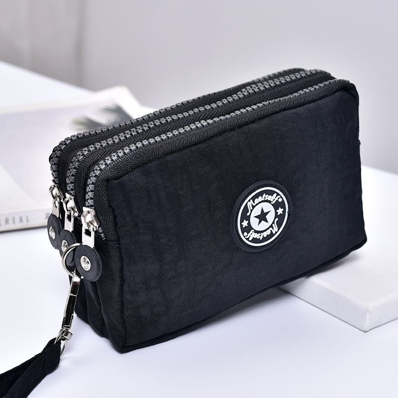 Women Fashion Solid Color Frosted Three-Layer Zipper Storage Purses
