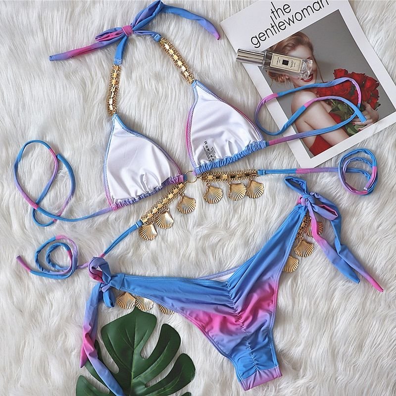 Women Sexy Strap Gradient Print Shell Tassel Bikini