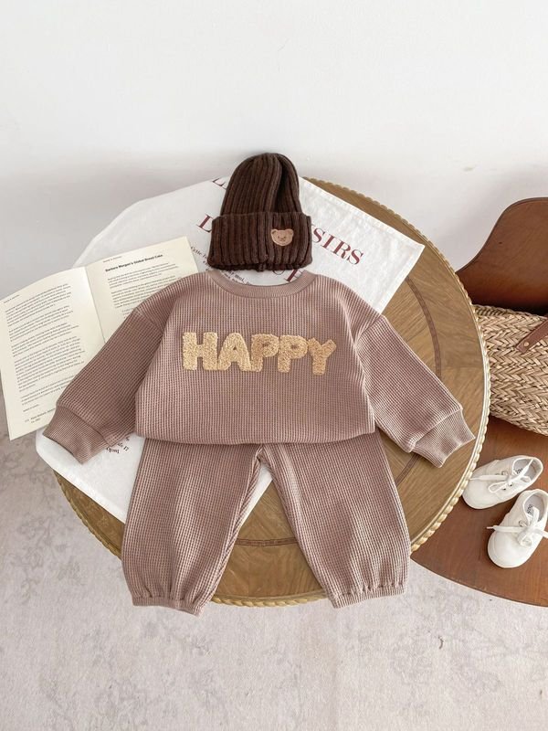 Kids Baby Boys Casual Cute Alphabet Waffle Long Sleeve Sweatshirts Pants Sets
