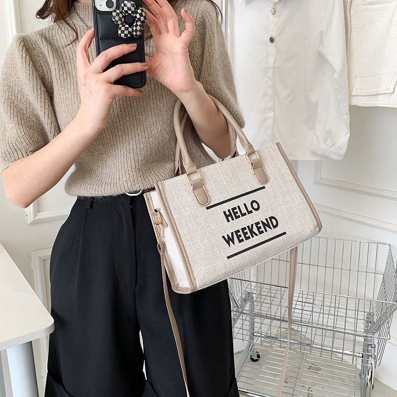 Women Simple Large Capacity Letter Print Canvas Handle Shoulder Bag