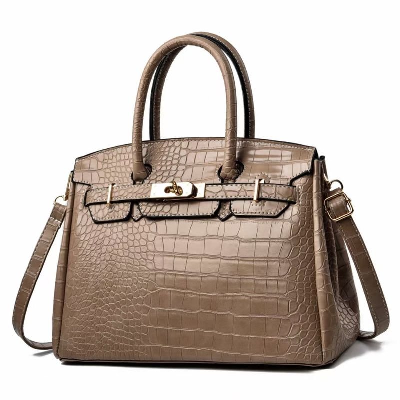 Women Fashion Bright Leather Crocodile-Print Large-Capacity Handle Shoulder Bag