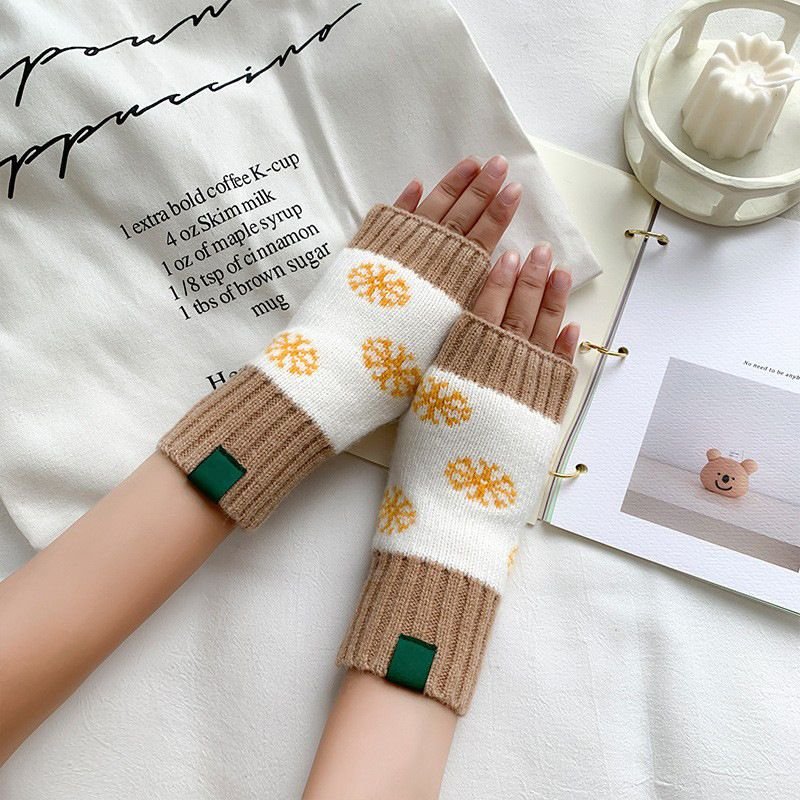 Women Fashion Christmas Snowflake Stripe Warm Knitted Half Finger Gloves