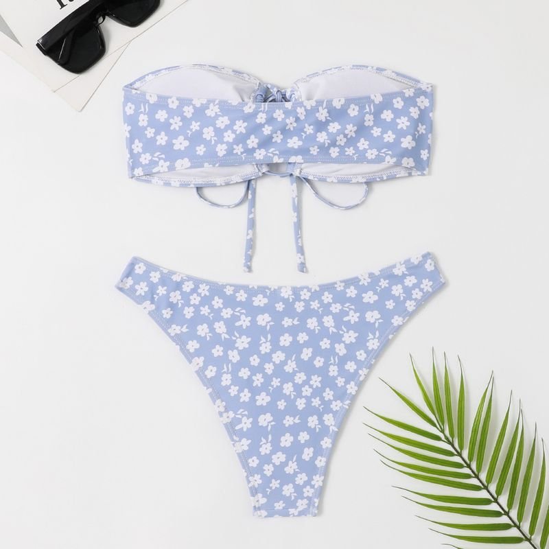 Summer Women Fashion Sexy Floral Print Tube Top Lace Bikini Swimsuit Set