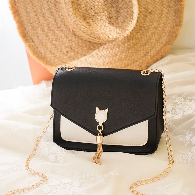 Women Chic Flap Buckle Design Cat Tassel Decoration Color Blocking PU Crossbody Bag