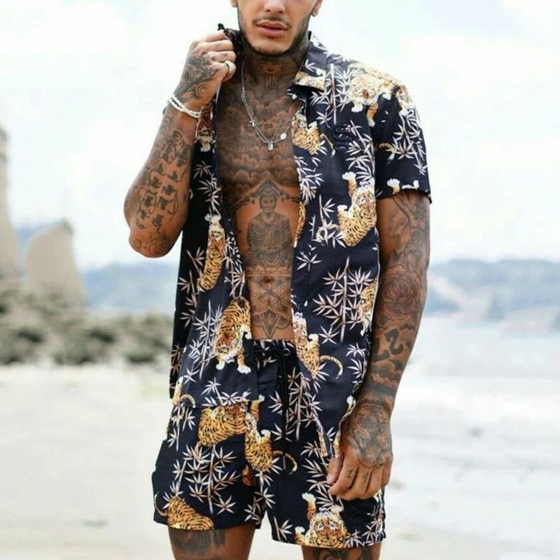 Men Fashion Casual Holiday Hawaii 3D Print Plus Size Short Sleeve Lapel Shirt Shorts Set