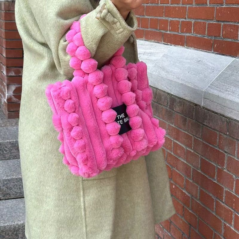 Autumn Winter Women Fashionable Solid Color Plush Large Capacity Handbag