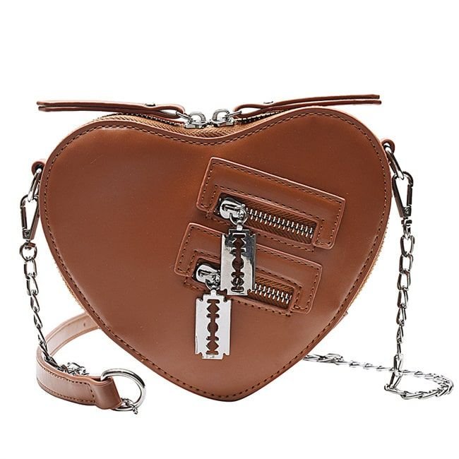 Women Creative Zipper Design Solid Color Heart Shaped PU Crossbody Bag