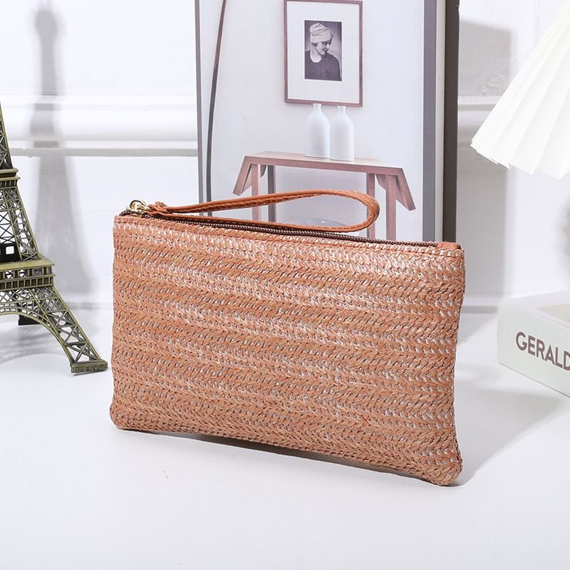 Women Fashion Solid Color Straw Woven Zipper Long Purses