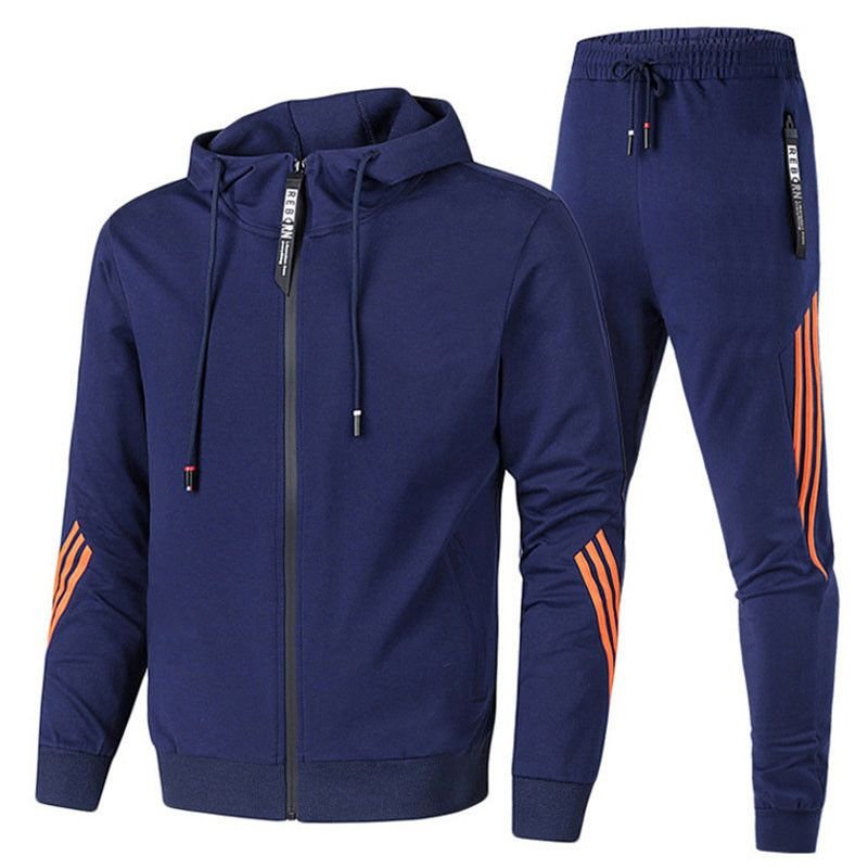 Men Casual Zip Hooded Long Sleeve Jacket And Pants Two Piece Set