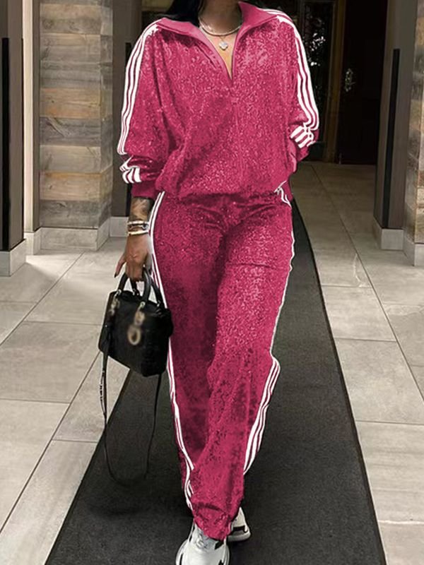 Women Fashion Plus Size Sequin Zipper Long Sleeve Top Pants Two-Piece Set