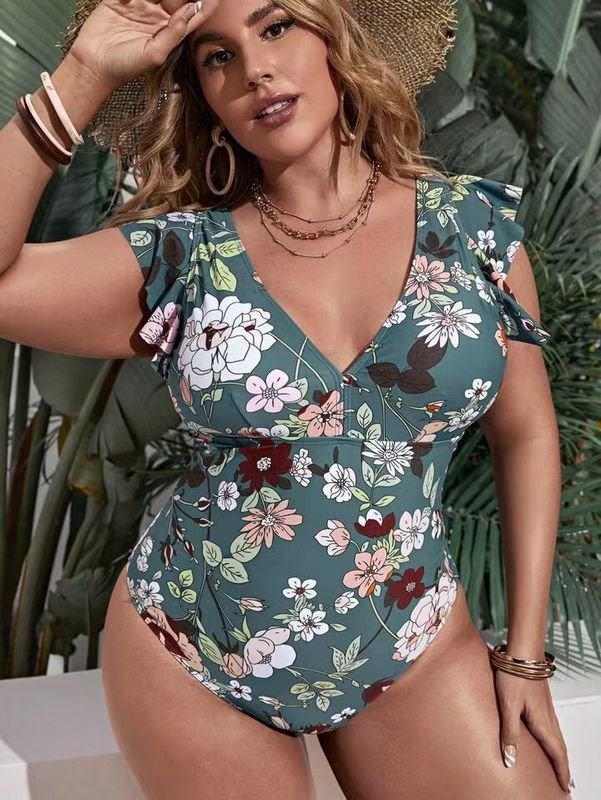 Women Fashion Sexy Plus Size Deep V Floral Printed Backless One-Piece Swimsuit