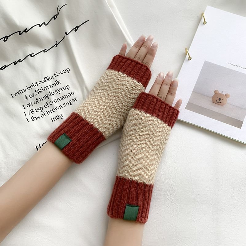 Women Fashion Christmas Snowflake Stripe Warm Knitted Half Finger Gloves