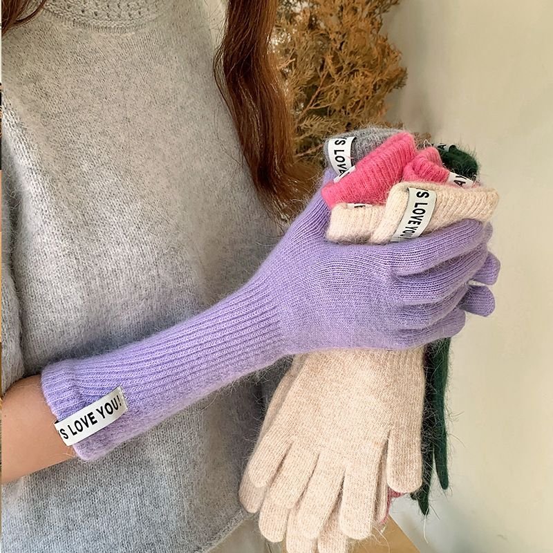 Autumn Winter Women Simple Solid Color Warm Knitted Wool Gloves