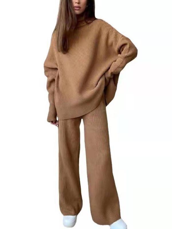 Women Fashion Loose Solid Color High Neck Knitted Long Sleeve Top Pants Two-Piece Set