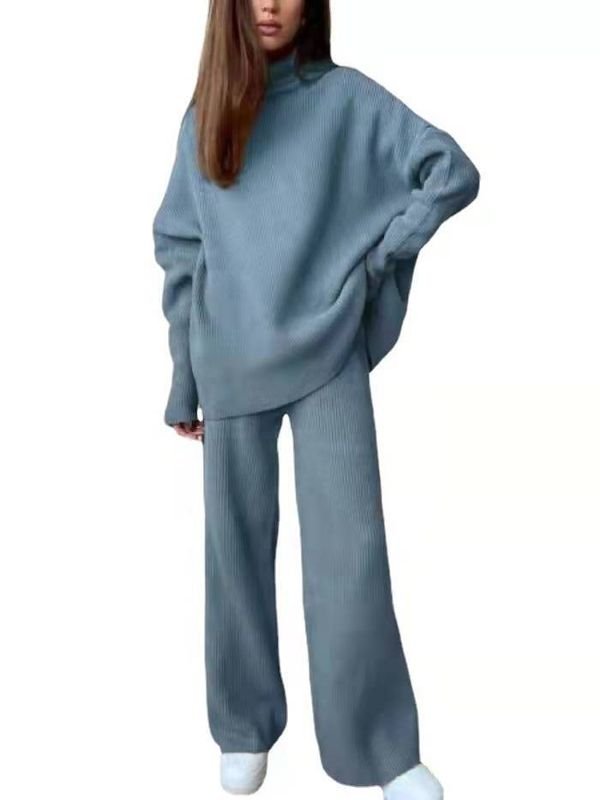 Women Fashion Loose Solid Color High Neck Knitted Long Sleeve Top Pants Two-Piece Set