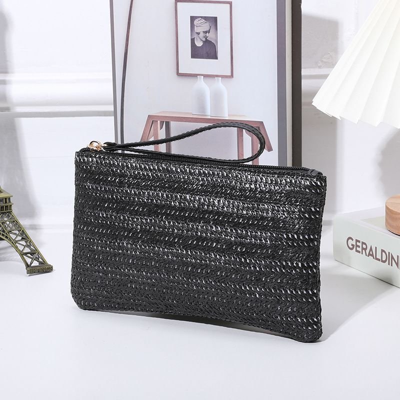 Women Fashion Solid Color Straw Woven Zipper Long Purses
