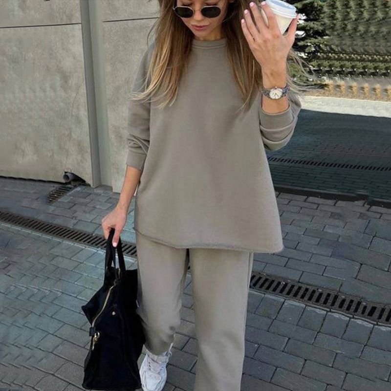 Casual Athleisure Women Fall Winter Sports Solid Color Long-Sleeved Top Fashionable Elastic Pants Two-Piece Set