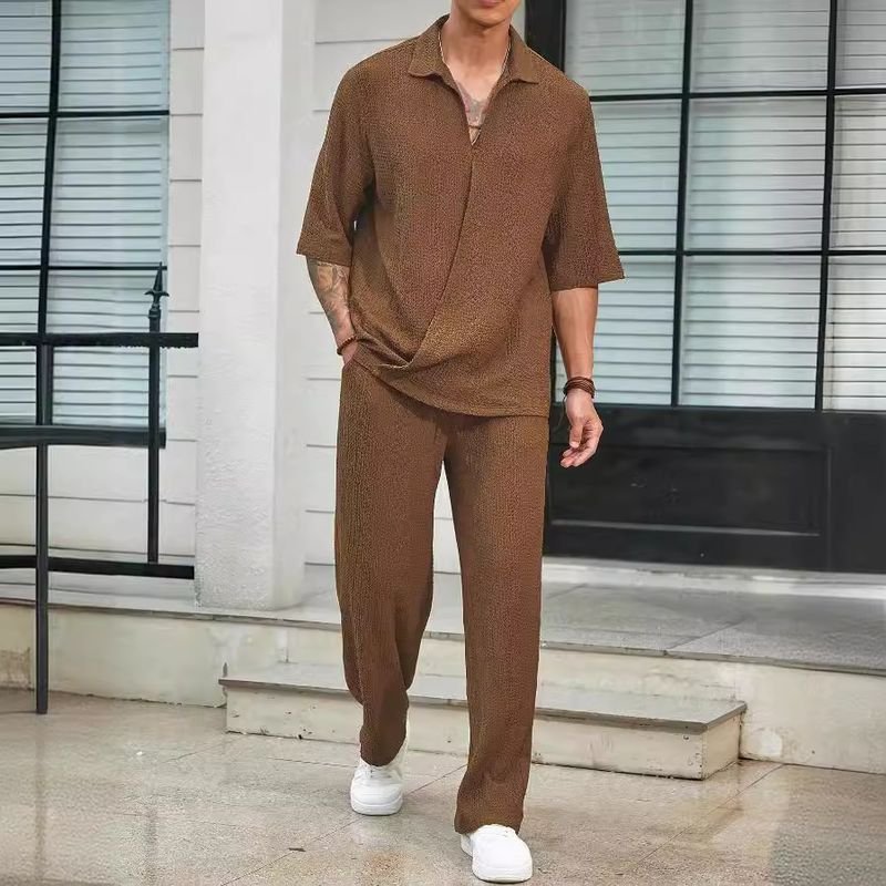 Men Casual Solid Color Short-Sleeved Shirt Trousers Two-Piece Casual Set