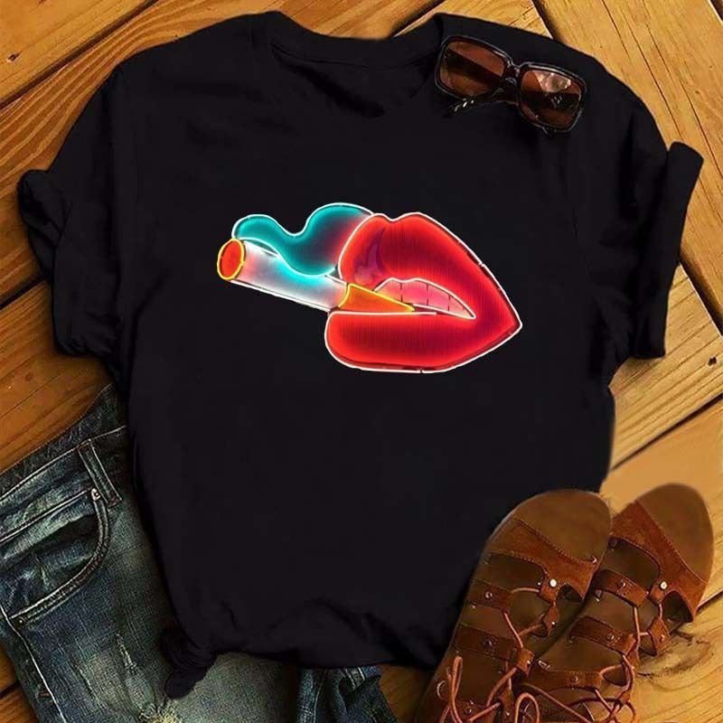 Women Sexy Fashion Lips Retro Simple Short Sleeve T-Shirt
