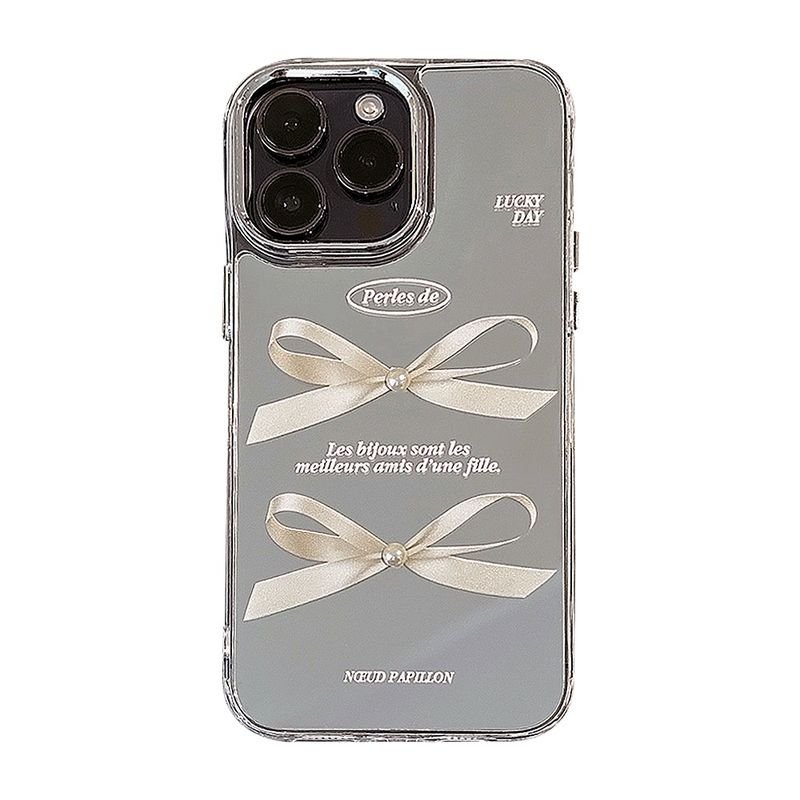 Women Fashion Mirror Three-Dimensional Pearl Bow Anti-Drop Apple Mobile Phone Protective Case