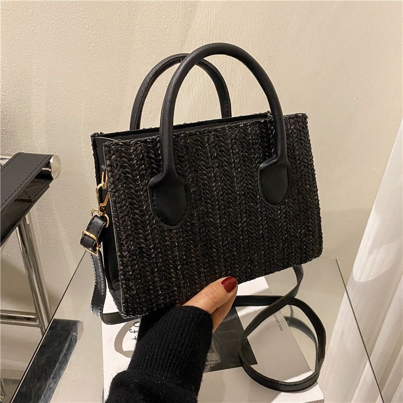Women Simple Fashionable Straw Woven Large Capacity Square Handle Shoulder Bag