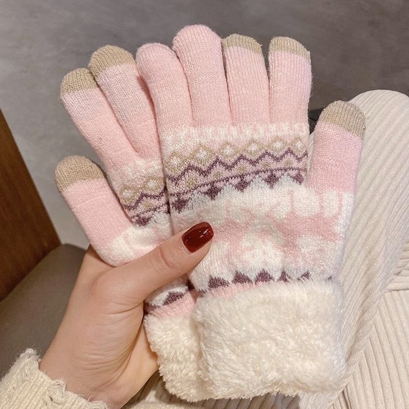 Autumn Winter Women Cute Christmas Elk Fleece-Lined Thickened Warm Touch Screen Gloves