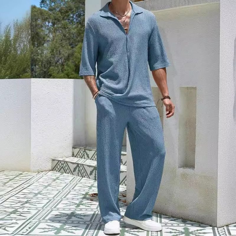 Men Casual Solid Color Short-Sleeved Shirt Trousers Two-Piece Casual Set