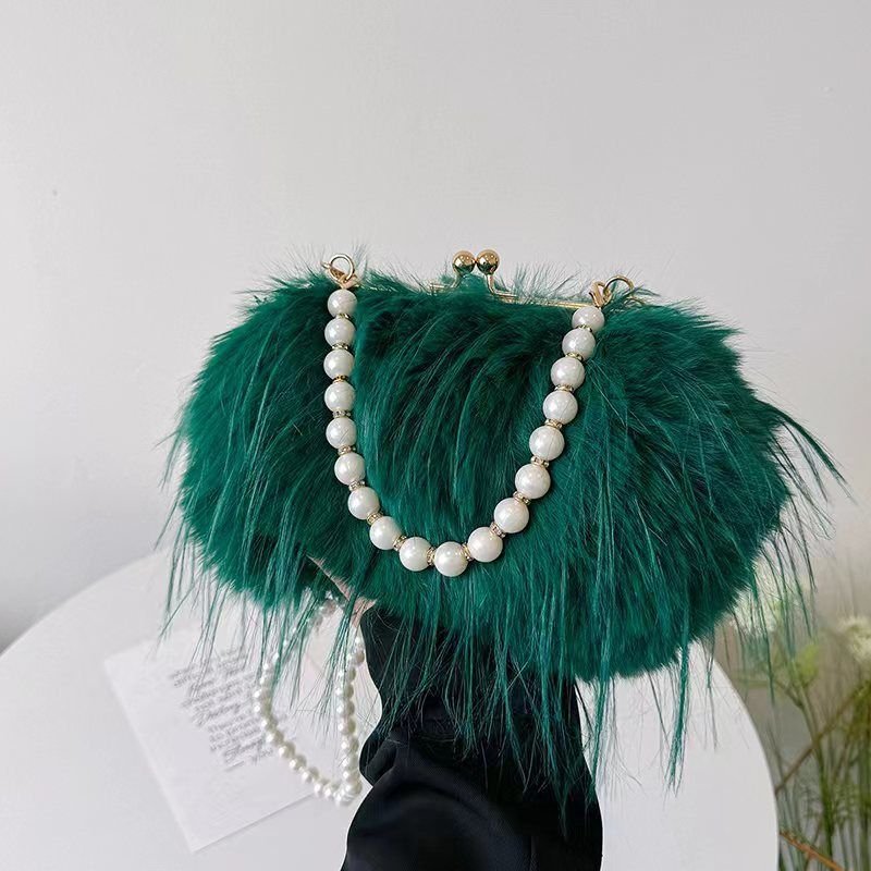 Women Fashion Plush Pearl Chain Crossbody Bag
