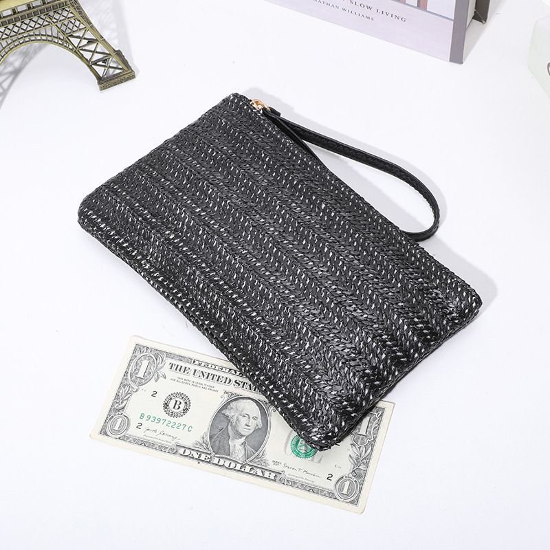 Women Fashion Solid Color Straw Woven Zipper Long Purses