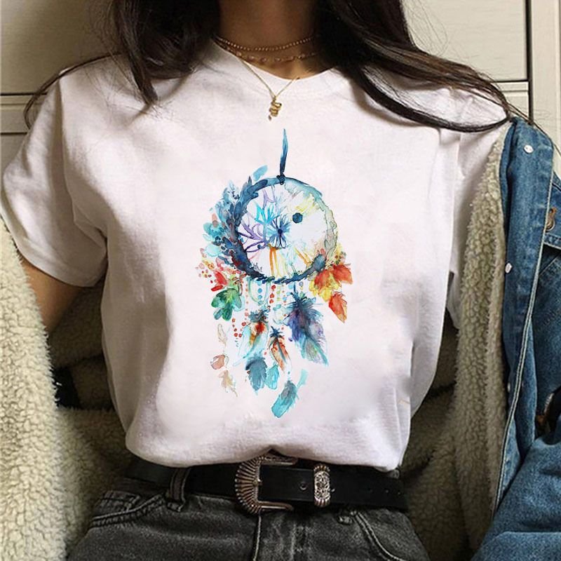 Women Fashion Dream Catcher Printed Round Neck Short Sleeve T-Shirt