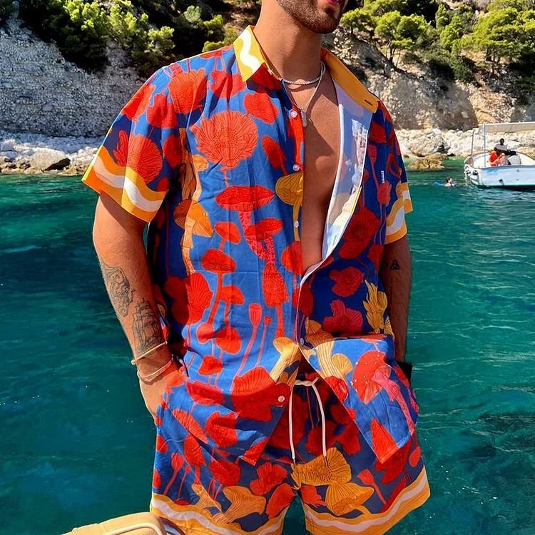 Men Fashion Casual Holiday Hawaii 3D Print Plus Size Short Sleeve Lapel Shirt Shorts Set