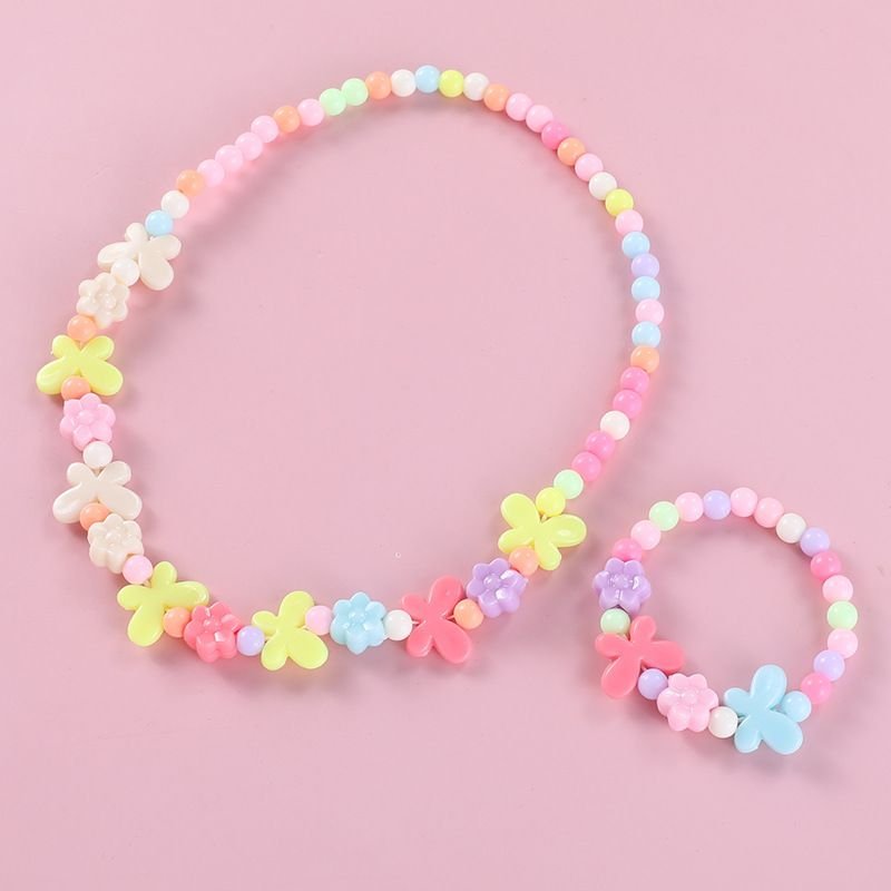 Kids Butterfly Style Acrylic Beaded Bracelet Necklace Set Jewelry