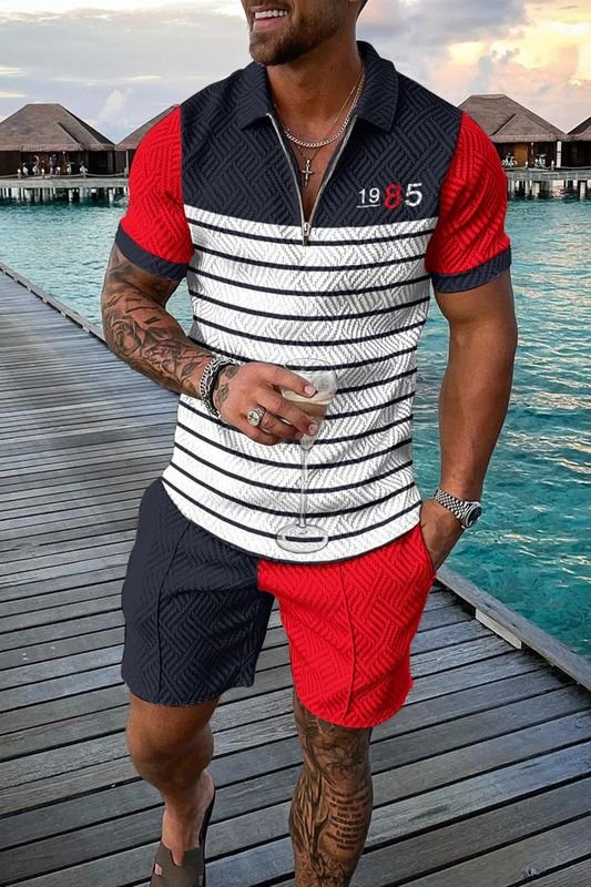 Men Fashion Casual Tiny Flower 3D Print Plus Size Short Sleeve Lapel POLO Shirt Shorts Set
