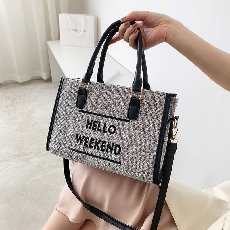 Women Simple Large Capacity Letter Print Canvas Handle Shoulder Bag