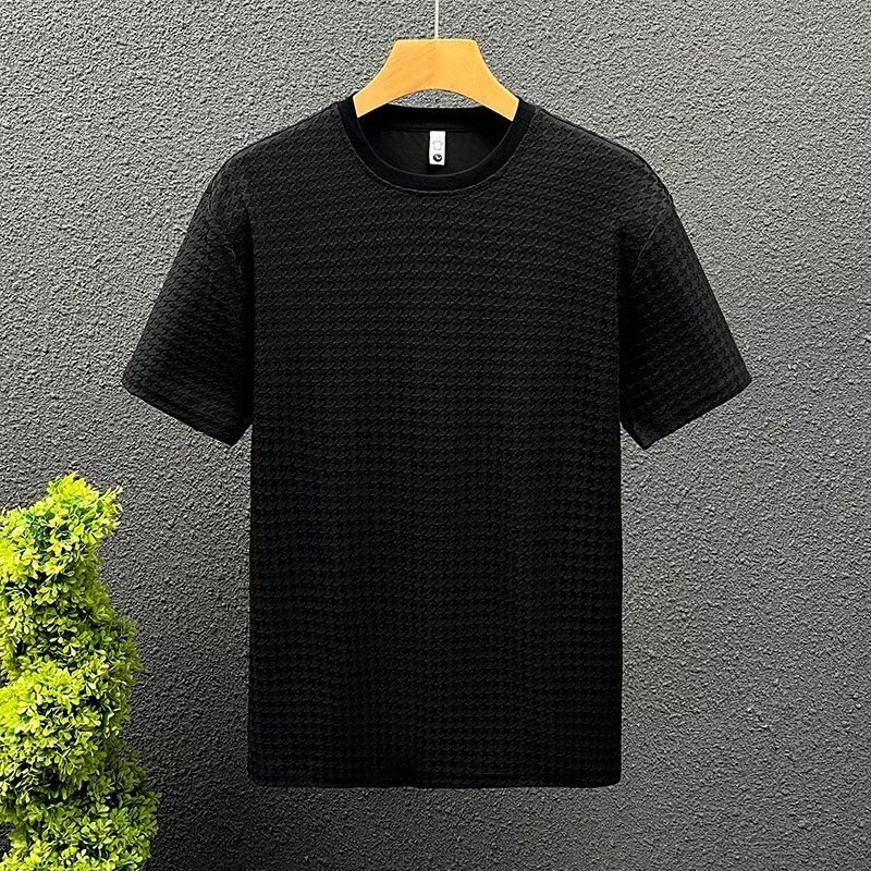 Men Fashion Casual Basic Solid Color Rib-Knit Short Sleeve T-Shirt