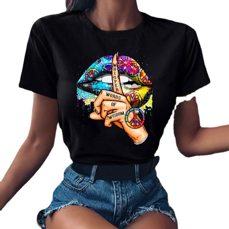 Women Sexy Fashion Lips Retro Simple Short Sleeve T-Shirt