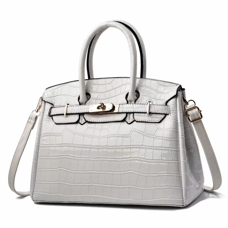 Women Fashion Bright Leather Crocodile-Print Large-Capacity Handle Shoulder Bag