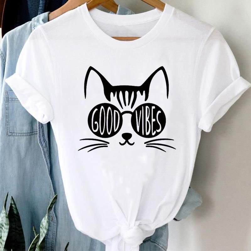 Women Foot Print Printed Cat And Dog Pet Pattern Short-Sleeved T-Shirt
