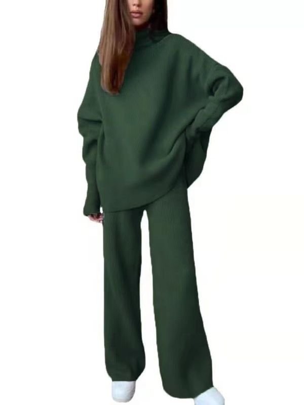 Women Fashion Loose Solid Color High Neck Knitted Long Sleeve Top Pants Two-Piece Set